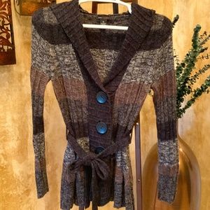 BCBGMAXAZRIA Black/Brown/Gray Striped Cardigan w/ Tie Sash & Hood.  Size XL.